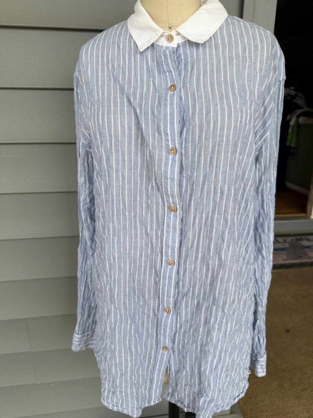 Light Blue & White Striped Button-Down Shirt with Contrast Collar